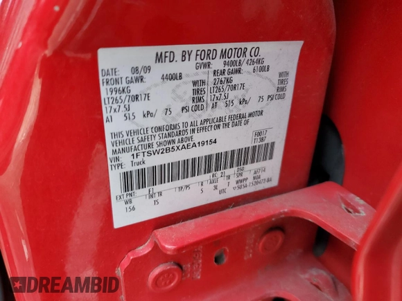 2010 Ford F-250 XL with VIN 1FTSW2B5XAEA19154, listed as a Copart auction lot 87395634 with 179,078 mi miles and Salvage title. Bid and sale history available at DreamBid. Image 12.