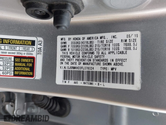 2015 Honda CR-V LX with VIN 5J6RM4H33FL076024, listed as a IAAI auction lot 42225172 with Not Provided miles and . Bid and sale history available at DreamBid. Image 9.