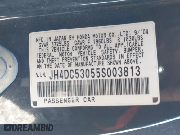 2005 Acura RSX Type S z VIN JH4DC53055S003813, wystawiony jako IAAI lot #41689905 z przebiegiem 232 458 mil mil oraz . Historia ofert i sprzedaży dostępna na DreamBid. Obrazek 9.