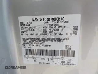 2012 Ford F-150 XL with VIN 1FTFX1EF0CFA66994, listed as a IAAI auction lot 42137712 with 204,967 mi miles and . Bid and sale history available at DreamBid. Image 9.