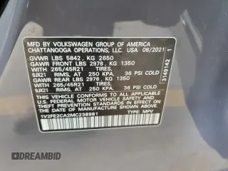 2021 Volkswagen Atlas SEL Premium R-Line with VIN 1V2FE2CA2MC238981, listed as a Copart auction lot 62637875 with 43,064 mi miles and Salvage title. Bid and sale history available at DreamBid. Image 13.