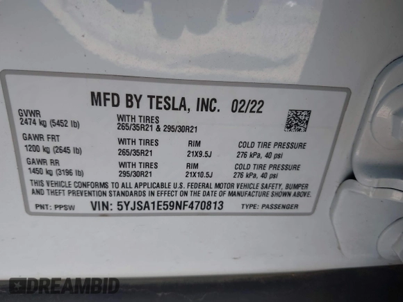2022 Tesla Model S z VIN 5YJSA1E59NF470813, wystawiony jako IAAI lot #41935297 z przebiegiem Nie podano mil oraz . Historia ofert i sprzedaży dostępna na DreamBid. Obrazek 9.