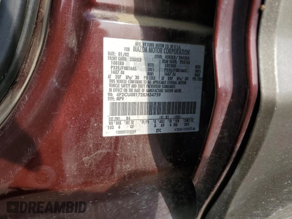 2002 Mazda Tribute LX with VIN 4F2CU08172KM34759, listed as a Copart auction lot 81631974 with 254,286 mi miles and Salvage Title. Bid and sale history available at carsss.com. Image 12.