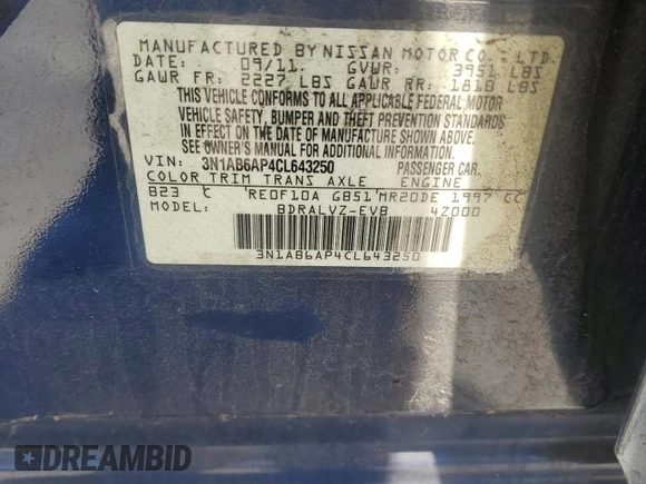 2012 Nissan Sentra SR with VIN 3N1AB6AP4CL643250, listed as a Copart auction lot 64208835 with 52,536 mi miles and Salvage title. Bid and sale history available at DreamBid. Image 12.
