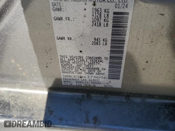 2024 Nissan Altima 2.5 SR with VIN 1N4BL4CV3RN376096, listed as a Copart auction lot 50261035 with 20,556 mi miles and Salvage Title. Bid and sale history available at carsss.com. Image 14.