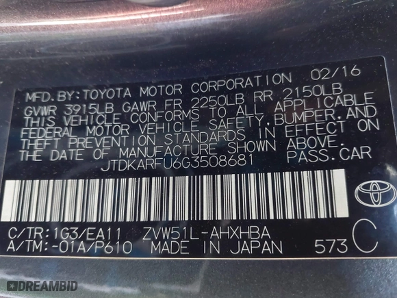 2016 Toyota Prius Four with VIN JTDKARFU6G3508681, listed as a IAAI auction lot 41873228 with 65,418 mi miles. Bid and sale history available at carsss.com. Image 9.