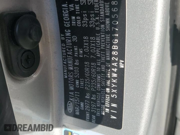 2011 Kia Sorento SX with VIN 5XYKW4A28BG170568, listed as a Copart auction lot 44372555 with 218,737 mi miles and Salvage Title. Bid and sale history available at carsss.com. Image 16.