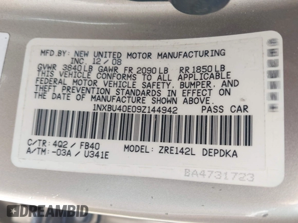 2009 Toyota Corolla with VIN 1NXBU40E09Z144942, listed as a IAAI auction lot 42051178 with 101,564 mi miles and . Bid and sale history available at DreamBid. Image 9.