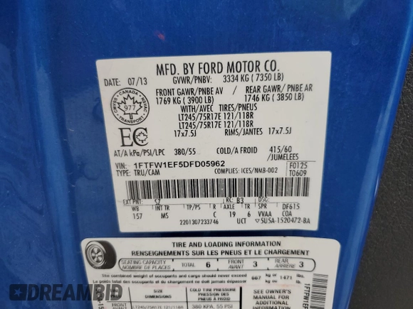2013 Ford F-150 XL with VIN 1FTFW1EF5DFD05962, listed as a Copart auction lot 83322844 with 127,871 mi miles and Salvage Title. Bid and sale history available at DreamBid. Image 12.