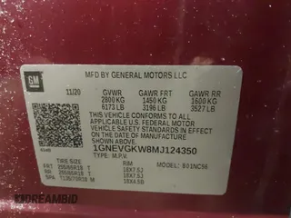 2021 Chevrolet Traverse LT Cloth with VIN 1GNEVGKW8MJ124350, listed as a IAAI auction lot 41456704 with 121,336 mi miles. Bid and sale history available at carsss.com. Image 9.