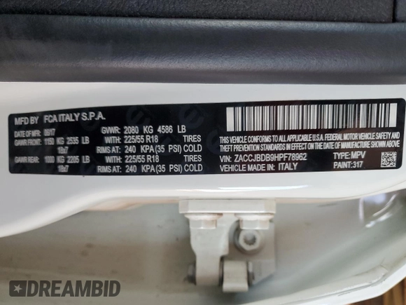 2017 Jeep Renegade Limited with VIN ZACCJBDB9HPF78962, listed as a Copart auction lot 62707325 with 78,032 mi miles and Salvage title. Bid and sale history available at DreamBid. Image 12.