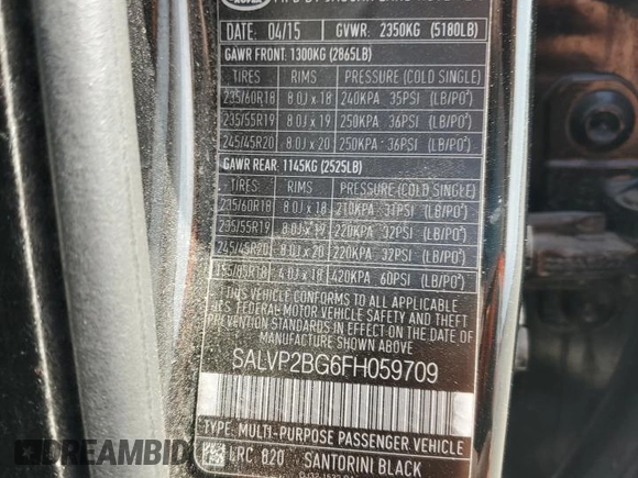 2015 Land Rover Range Rover Evoque Pure Plus with VIN SALVP2BG6FH059709, listed as a Copart auction lot 53585505 with 166,098 mi miles and Clean Title. Bid and sale history available at carsss.com. Image 13.