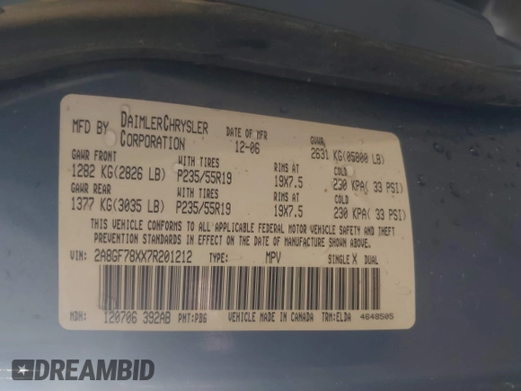 2007 Chrysler Pacifica Limited with VIN 2A8GF78XX7R201212, listed as a IAAI auction lot 40290920 with Not provided miles and . Bid and sale history available at DreamBid. Image 9.
