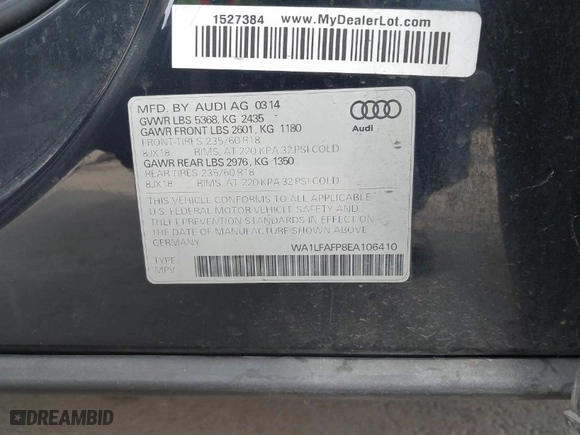 2014 Audi Q5 Premium Plus with VIN WA1LFAFP8EA106410, listed as a IAAI auction lot 41701297 with 131,735 mi miles. Bid and sale history available at carsss.com. Image 9.