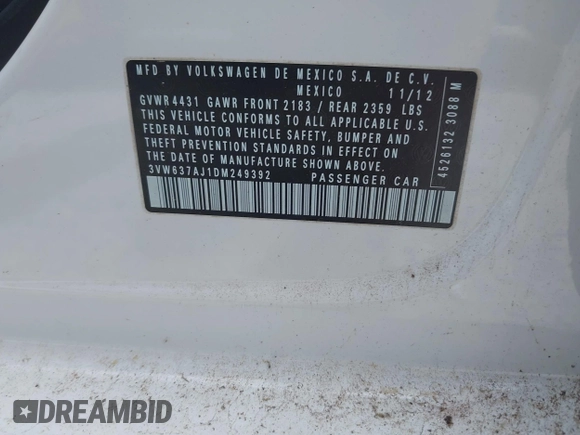 2013 Volkswagen Jetta Hybrid SE with VIN 3VW637AJ1DM249392, listed as a IAAI auction lot 42577266 with 109,026 mi miles and . Bid and sale history available at DreamBid. Image 9.