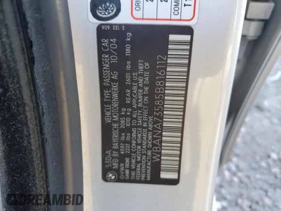 2005 BMW 5 Series 530i with VIN WBANA73585B816112, listed as a Copart auction lot 86189394 with 221,964 mi miles and Salvage title. Bid and sale history available at DreamBid. Image 14.