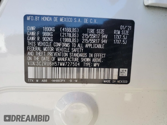 2021 Honda HR-V EX with VIN 3CZRU6H57MM727504, listed as a Copart auction lot 48672745 with 46,596 mi miles and Salvage Title. Bid and sale history available at carsss.com. Image 14.