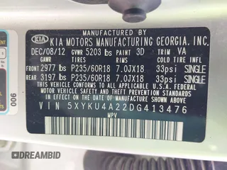 2013 Kia Sorento EX with VIN 5XYKU4A22DG413476, listed as a IAAI auction lot 41904366 with 225,827 mi miles and . Bid and sale history available at carsss.com. Image 9.