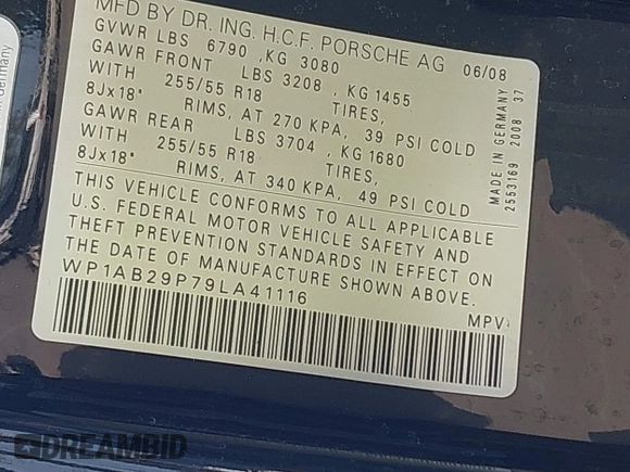 2009 Porsche Cayenne S with VIN WP1AB29P79LA41116, listed as a IAAI auction lot 41874514 with 129,189 mi miles and . Bid and sale history available at DreamBid. Image 9.
