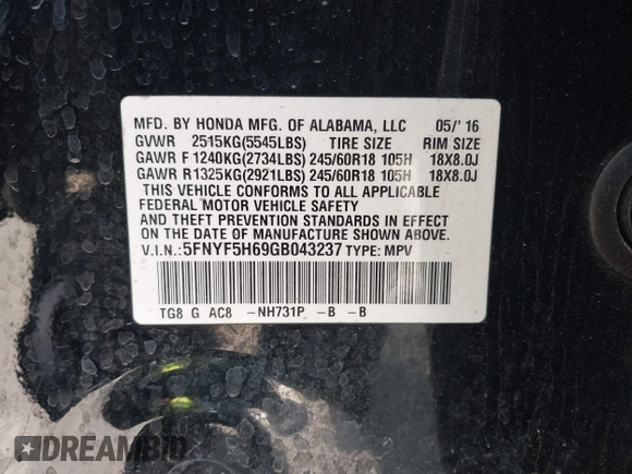 2016 Honda Pilot EX-L z VIN 5FNYF5H69GB043237, wystawiony jako IAAI lot #41890092 z przebiegiem 143 340 mil mil oraz . Historia ofert i sprzedaży dostępna na DreamBid. Obrazek 9.