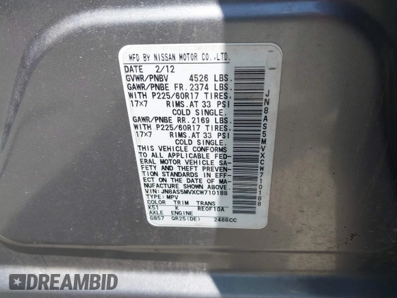 2012 Nissan Rogue S with VIN JN8AS5MVXCW710188, listed as a IAAI auction lot 42649370 with 104,227 mi miles and . Bid and sale history available at DreamBid. Image 9.