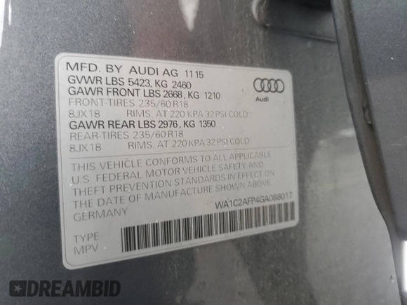 2016 Audi Q5 Premium with VIN WA1C2AFP4GA088017, listed as a Copart auction lot 59771165 with 95,871 mi miles and Salvage title. Bid and sale history available at DreamBid. Image 12.