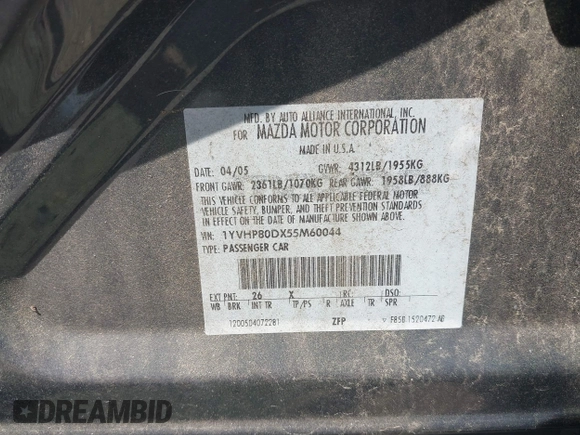 2005 Mazda 6 Sport S with VIN 1YVHP80DX55M60044, listed as a IAAI auction lot 42181650 with 161,463 mi miles and . Bid and sale history available at DreamBid. Image 9.
