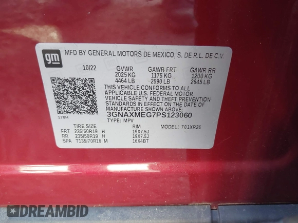 2023 Chevrolet Equinox RS with VIN 3GNAXMEG7PS123060, listed as a IAAI auction lot 42016289 with 59,964 mi miles and . Bid and sale history available at DreamBid. Image 9.