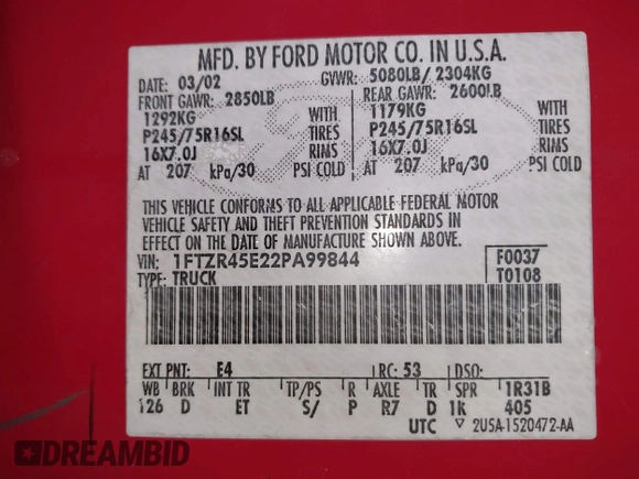 2002 Ford Ranger XL Fleet with VIN 1FTZR45E22PA99844, listed as a IAAI auction lot 41391797 with 156,752 mi miles. Bid and sale history available at carsss.com. Image 9.