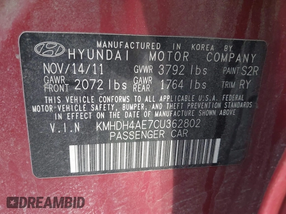 2012 Hyundai Elantra Limited with VIN KMHDH4AE7CU362802, listed as a IAAI auction lot 41586925 with 181,240 mi miles. Bid and sale history available at carsss.com. Image 9.