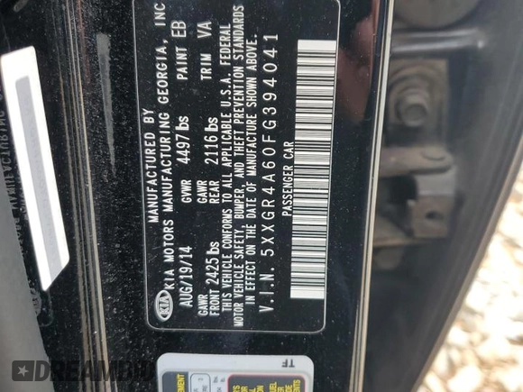 2015 Kia Optima SX Turbo with VIN 5XXGR4A60FG394041, listed as a Copart auction lot 60543135 with 129,130 mi miles and Clean title. Bid and sale history available at DreamBid. Image 12.
