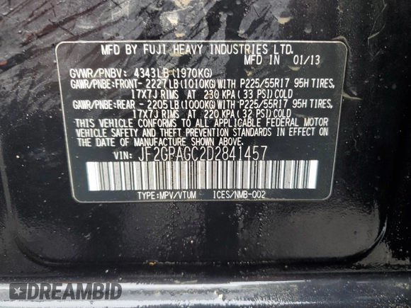 2013 Subaru Crosstrek Limited z VIN JF2GPAGC2D2841457, wystawiony jako Copart lot #57485005 z przebiegiem 205 492 mil mil oraz Czysty tytuł • Clean title. Historia ofert i sprzedaży dostępna na DreamBid. Obrazek 13.