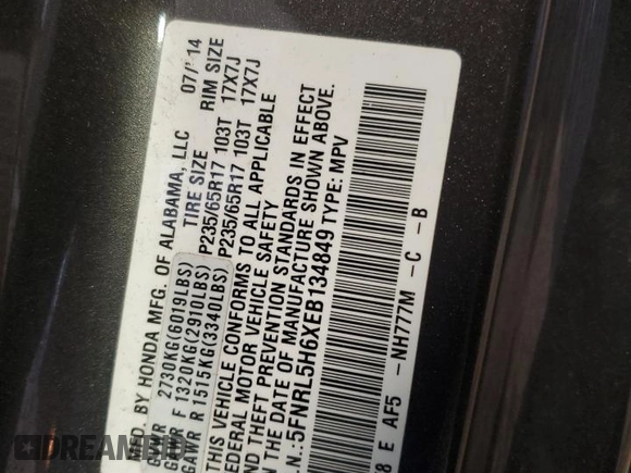 2014 Honda Odyssey EX-L with VIN 5FNRL5H6XEB134849, listed as a Copart auction lot 63617435 with 127,491 mi miles and Salvage title. Bid and sale history available at DreamBid. Image 13.