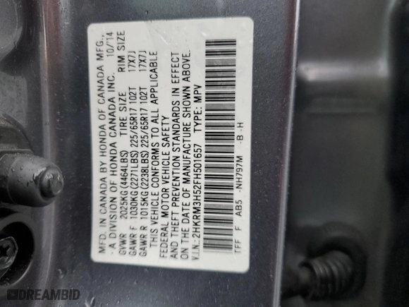 2015 Honda CR-V EX with VIN 2HKRM3H52FH501657, listed as a Copart auction lot 43278045 with 155,589 mi miles and Salvage Title. Bid and sale history available at carsss.com. Image 13.