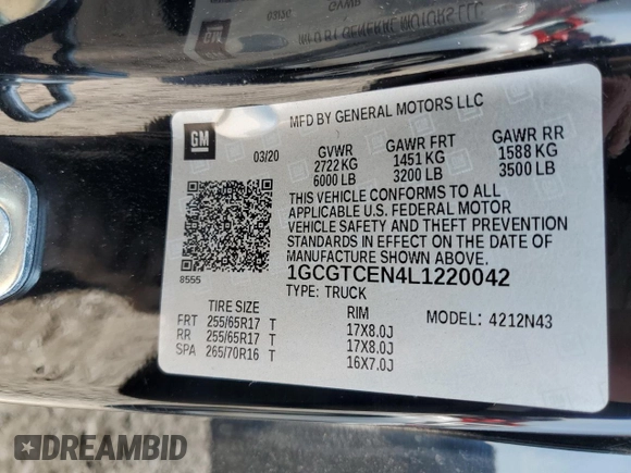 2020 Chevrolet Colorado 4WD LT with VIN 1GCGTCEN4L1220042, listed as a Copart auction lot 77997254 with 0 mi miles and Salvage Title. Bid and sale history available at carsss.com. Image 12.