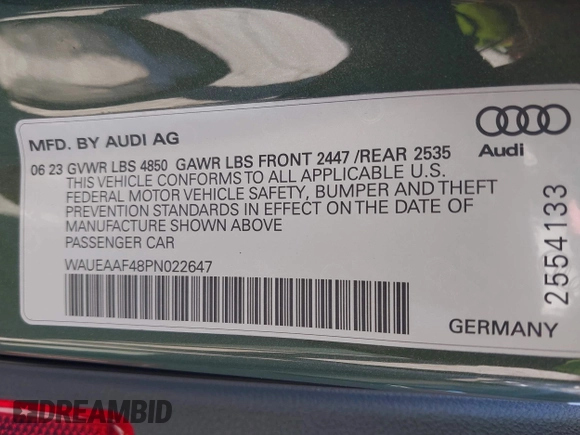 2023 Audi A4 S line Premium Plus with VIN WAUEAAF48PN022647, listed as a IAAI auction lot 41675764 with 19,522 mi miles and . Bid and sale history available at DreamBid. Image 9.