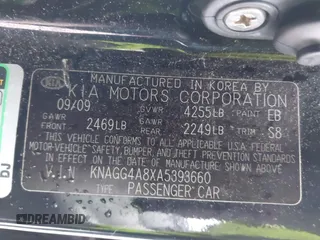 2010 Kia Optima LX with VIN KNAGG4A8XA5393660, listed as a IAAI auction lot 42006529 with 192,588 mi miles. Bid and sale history available at carsss.com. Image 9.