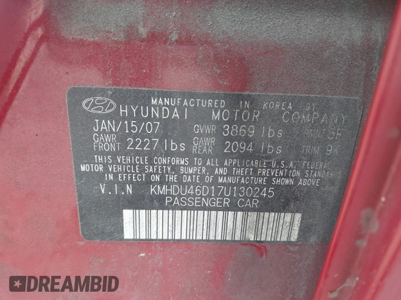 2007 Hyundai Elantra GLS z VIN KMHDU46D17U130245, wystawiony jako IAAI lot #42305327 z przebiegiem 242 461 mil mil oraz . Historia ofert i sprzedaży dostępna na DreamBid. Obrazek 9.