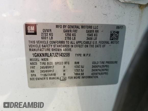 2018 GMC Acadia SLE with VIN 1GKKNRLA7JZ143208, listed as a Copart auction lot 55074595 with 67,027 mi miles and Salvage title. Bid and sale history available at DreamBid. Image 13.