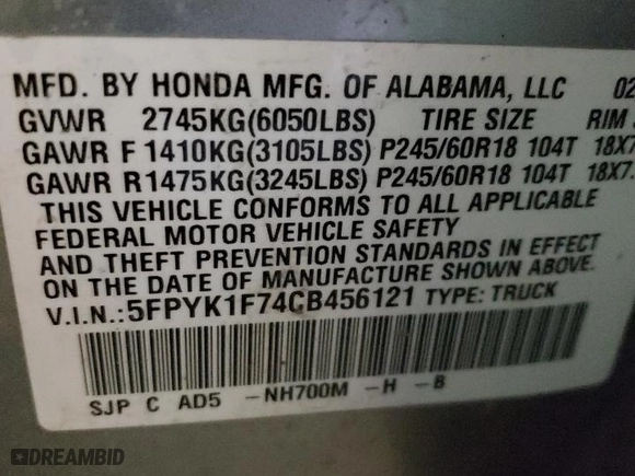 2012 Honda Ridgeline Sport with VIN 5FPYK1F74CB456121, listed as a Copart auction lot 52828045 with 116,118 mi miles and Salvage Title. Bid and sale history available at carsss.com. Image 12.