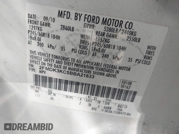 2011 Ford Edge Limited with VIN 2FMDK3KC5BBA21833, listed as a IAAI auction lot 41991207 with 194,396 mi miles. Bid and sale history available at carsss.com. Image 9.