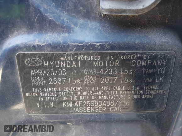2003 Hyundai Sonata with VIN KMHWF25S93A887316, listed as a IAAI auction lot 41714217 with 299,890 mi miles. Bid and sale history available at carsss.com. Image 9.