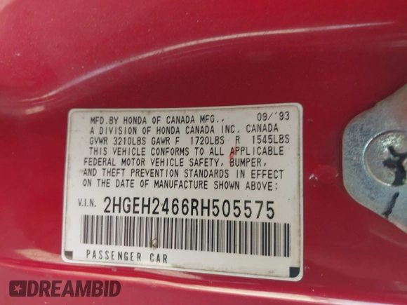 1994 Honda Civic z VIN 2HGEH2466RH505575, wystawiony jako IAAI lot #42147290 z przebiegiem Nie podano mil oraz . Historia ofert i sprzedaży dostępna na DreamBid. Obrazek 9.