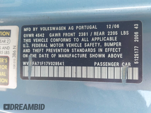 2007 Volkswagen Eos 2.0T with VIN WVWFA71F17V029541, listed as a IAAI auction lot 42171659 with 185,293 mi miles and . Bid and sale history available at DreamBid. Image 9.