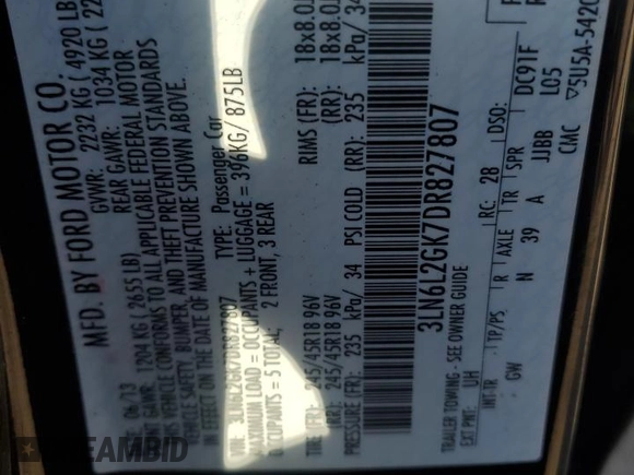 2013 Lincoln MKZ with VIN 3LN6L2GK7DR827807, listed as a Copart auction lot 47682335 with 98,237 mi miles and Clean Title. Bid and sale history available at DreamBid. Image 12.