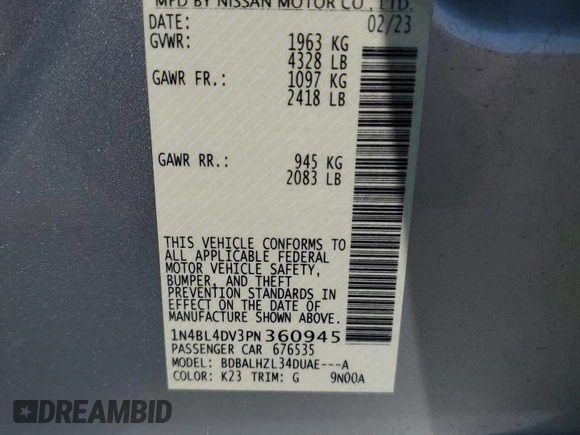 2023 Nissan Altima SV z VIN 1N4BL4DV3PN360945, wystawiony jako Copart lot #59343515 z przebiegiem 55 510 mil mil oraz Czysty tytuł • Clean title. Historia ofert i sprzedaży dostępna na DreamBid. Obrazek 12.