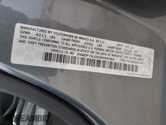 2012 Volkswagen Jetta SE z VIN 3VWDP7AJ2CM009780, wystawiony jako IAAI lot #42501489 z przebiegiem 122 185 mil mil oraz . Historia ofert i sprzedaży dostępna na DreamBid. Obrazek 9.