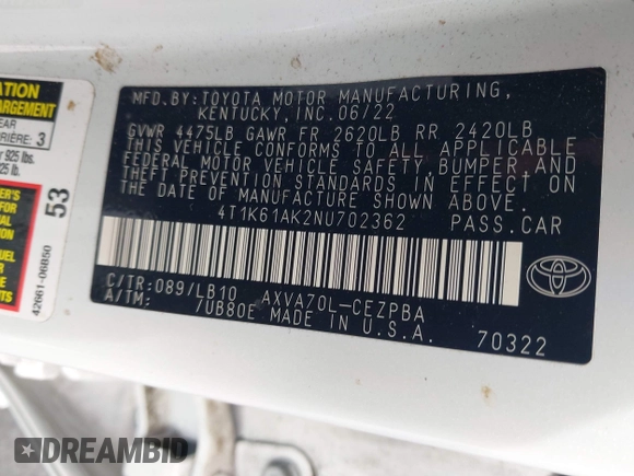 2022 Toyota Camry XSE z VIN 4T1K61AK2NU702362, wystawiony jako IAAI lot #41963393 z przebiegiem 13 541 mil mil oraz . Historia ofert i sprzedaży dostępna na DreamBid. Obrazek 9.