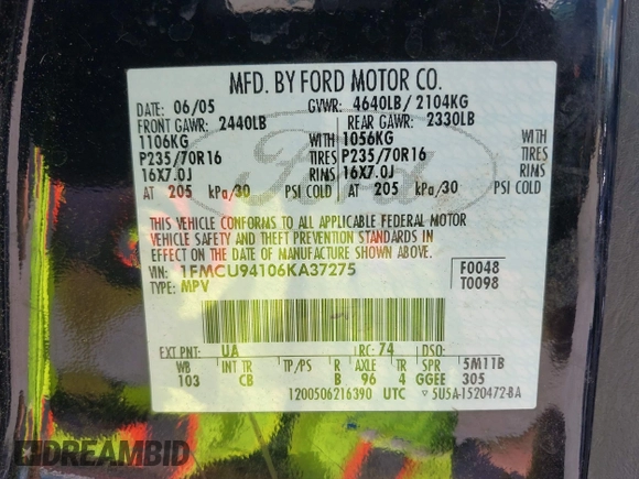 2006 Ford Escape Limited z VIN 1FMCU94106KA37275, wystawiony jako IAAI lot #42084150 z przebiegiem 139 361 mil mil oraz . Historia ofert i sprzedaży dostępna na DreamBid. Obrazek 9.