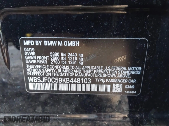 2019 BMW M5 Competition z VIN WBSJF0C59KB448103, wystawiony jako IAAI lot #41962677 z przebiegiem 42 455 mil mil oraz . Historia ofert i sprzedaży dostępna na DreamBid. Obrazek 9.